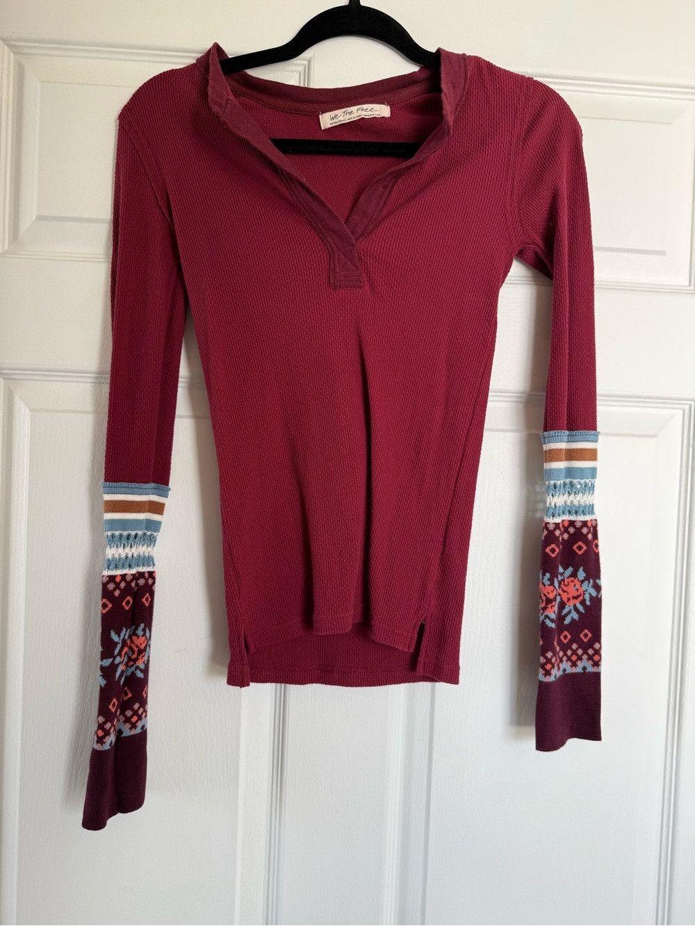Free People Burgundy Long Sleeve Henley with Patterned Cuffs